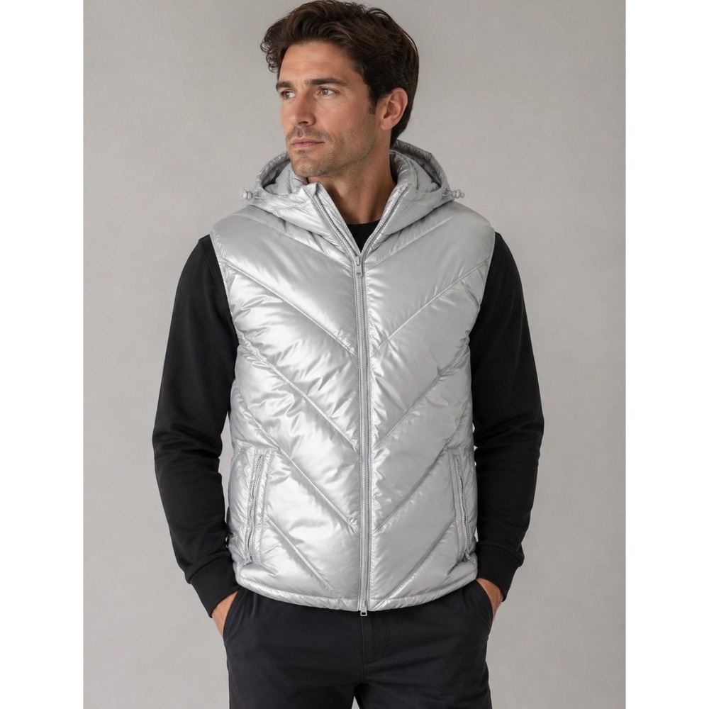 Armani Exchange Mens Silver Puffer Vest Hooded Chevron Quilted AX Logo Medium